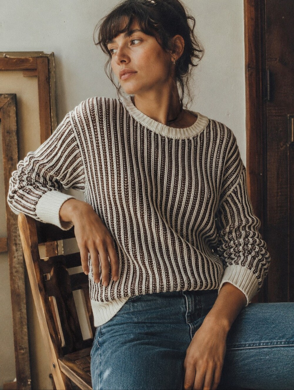 Charlie B Cream Brown Striped Ribbed Knit Sweater Size XS